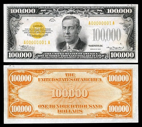 $100,000 Bill - woodrow-wilson-gold-certificate-A00020113A