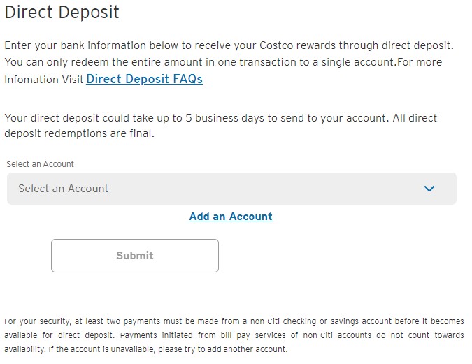 Direct Deposit Bank Selection screen for the Citi Costco Card