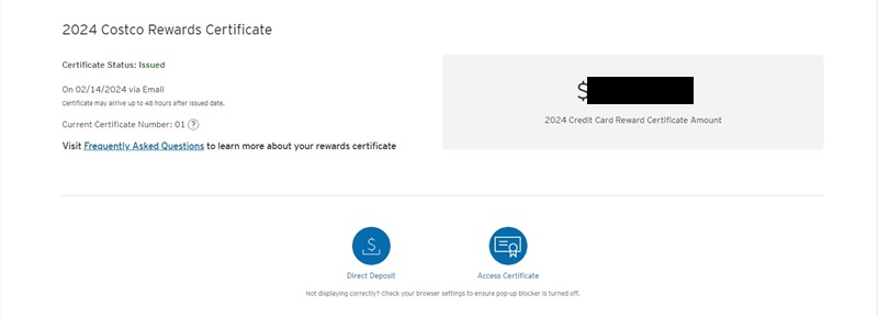 Costco Rewards Certificate details at Citi Costco Card